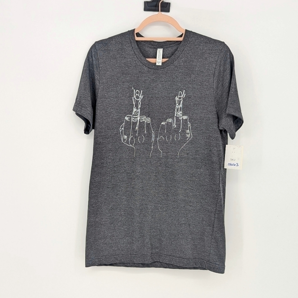 Middle Finger Hands Crew Neck T Shirt Gray M graphic tee casual retro classic